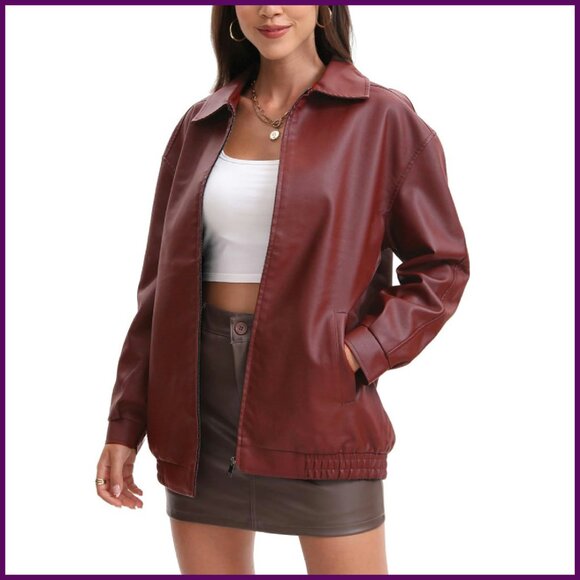 Oversized Faux Leather Motorcycle Jacket Women's Loose Fit Zip Up